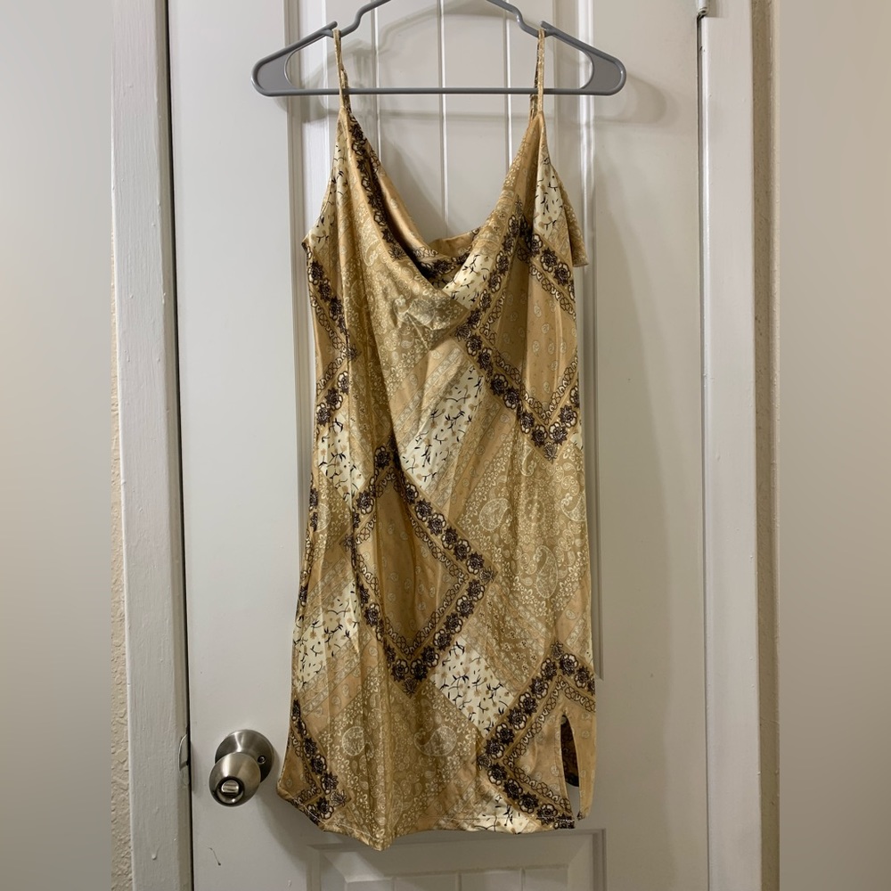 Patterned Cowl Neck Satin Mini Dress